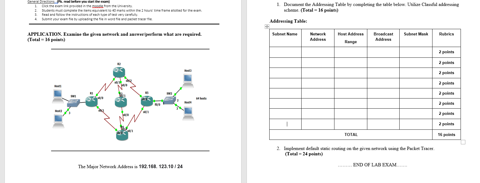 1 Document The Addressing Table By Completing The Table Below Utilize Classful Addressing Scheme 2 Implement Default 1