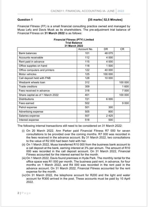 Cacn011 Financial Accounting Ia June 2022 Question 1 35 Marks 52 5 Minutes Financial Fitness Ff Is A Small Finan 1