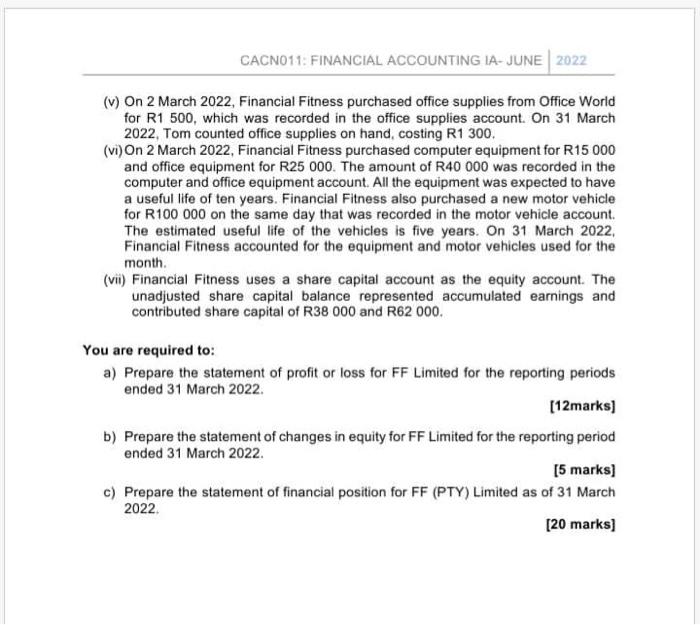Cacn011 Financial Accounting Ia June 2022 Question 1 35 Marks 52 5 Minutes Financial Fitness Ff Is A Small Finan 2