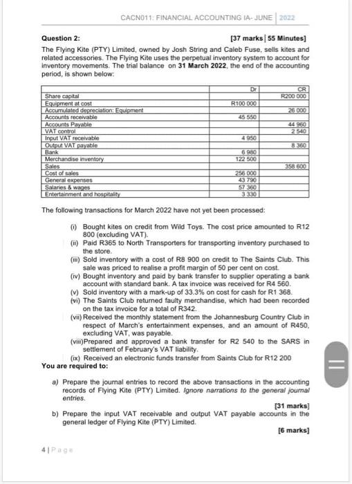 Cacn011 Financial Accounting Ia June 2022 Question 1 35 Marks 52 5 Minutes Financial Fitness Ff Is A Small Finan 3
