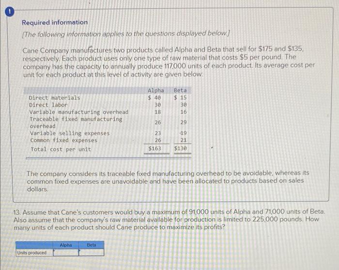 Required Information The Following Information Applies To The Questions Displayed Below Cane Company Manufactures Two 1