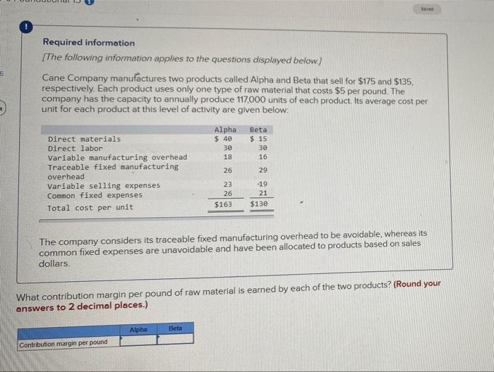 Required Information The Following Information Applies To The Questions Displayed Below Cane Company Manufactures Two 3