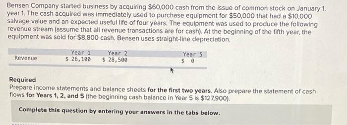 Bensen Company Started Business By Acquiring 60 000 Cash From The Issue Of Common Stock On January 1 Year 1 The Cash 1