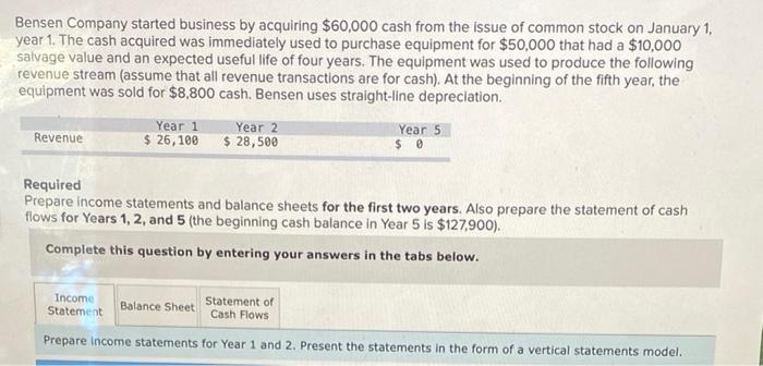 Bensen Company Started Business By Acquiring 60 000 Cash From The Issue Of Common Stock On January 1 Year 1 The Cash 6