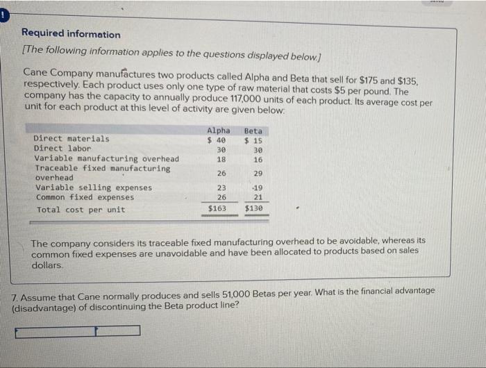 Required Information The Following Information Applies To The Questions Displayed Below Cane Company Manufactures Two 1