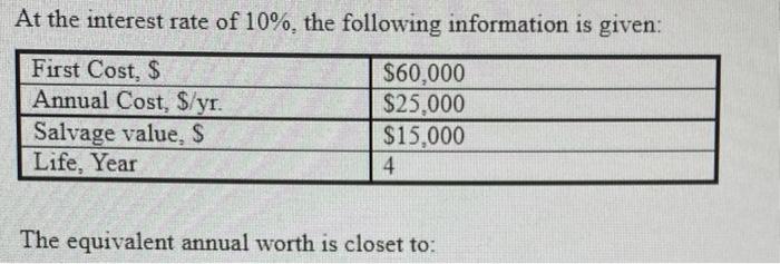 At The Interest Rate Of 10 The Following Information Is Given First Cost Annual Cost Yr Salvage Value Life 1