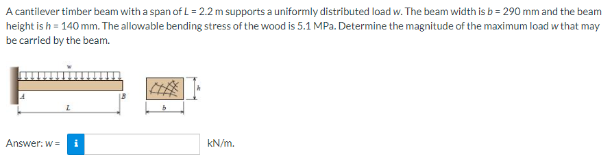 A Cantilever Timber Beam With A Span Of L 2 2 M Supports A Uniformly Distributed Load W The Beam Width Is B 290 Mm 1