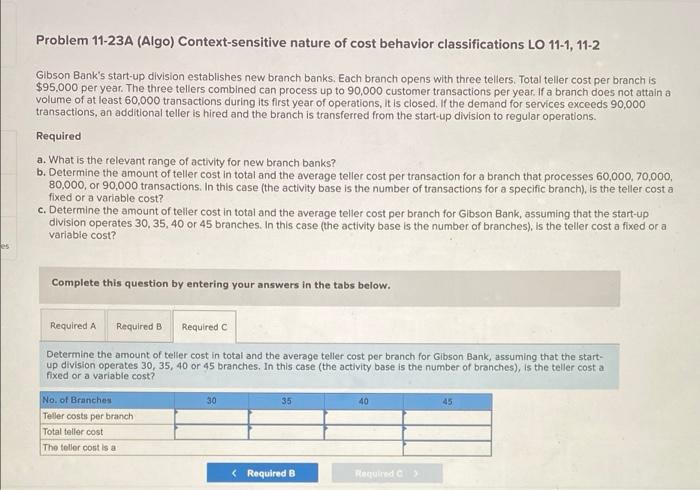 Problem 11 23a Algo Context Sensitive Nature Of Cost Behavior Classifications Lo 11 1 11 2 Gibson Bank S Start Up Div 1