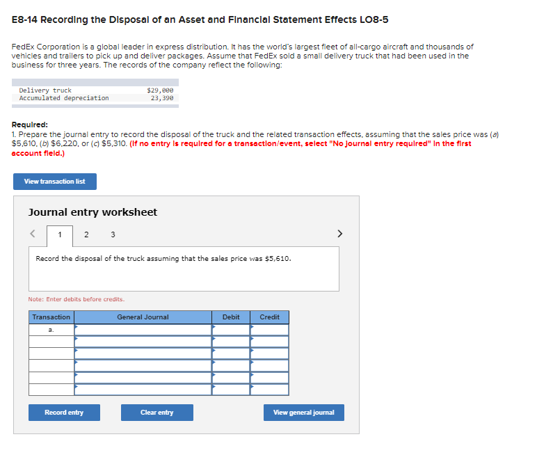 E8 14 Recording The Disposal Of An Asset And Financial Statement Effects Lo8 5 Fedex Corporation Is A Global Leader In E 1