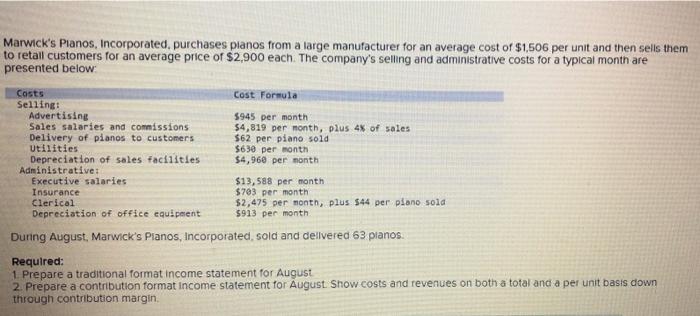 Marwick S Planos Incorporated Purchases Planos From A Large Manufacturer For An Average Cost Of 1 506 Per Unit And Th 1
