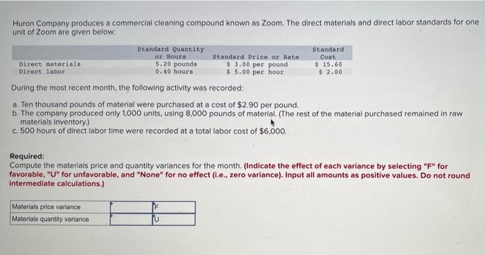 Huron Company Produces A Commercial Cleaning Compound Known As Zoom The Direct Materials And Direct Labor Standards For 1