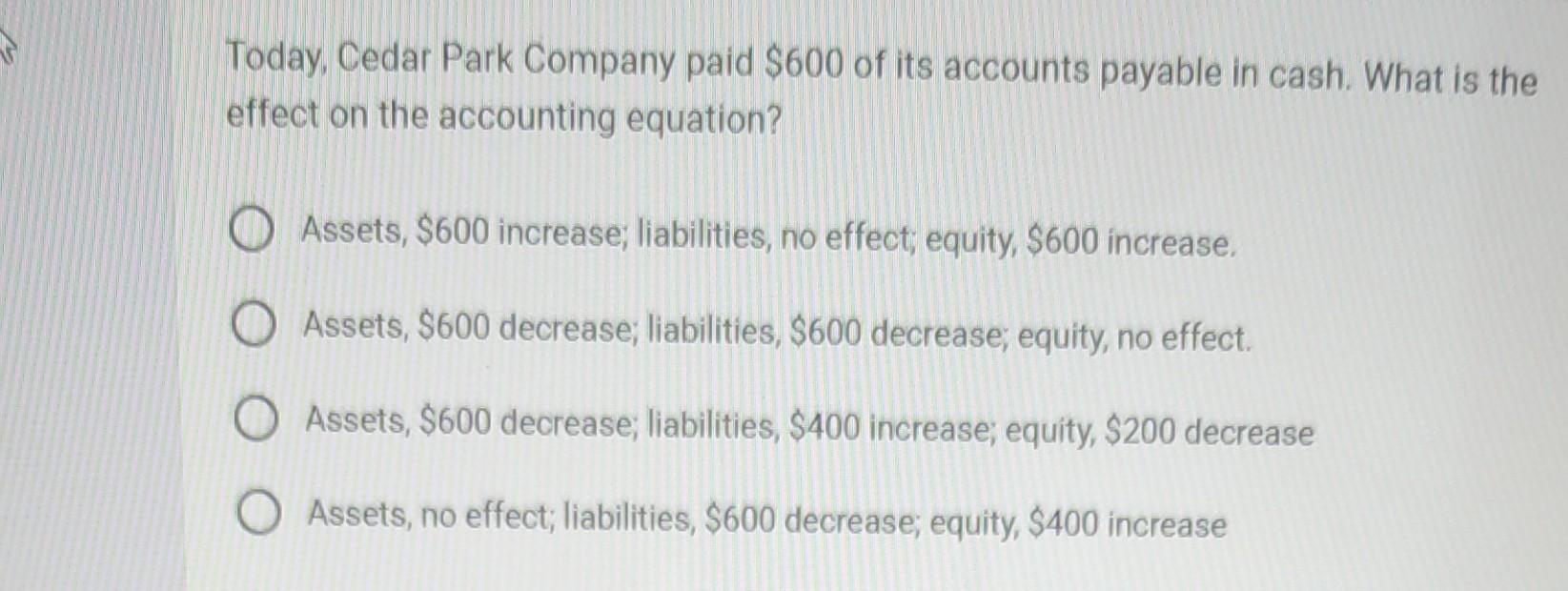 Today Cedar Park Company Paid 600 Of Its Accounts Payable In Cash What Is The Effect On The Accounting Equation Asse 1