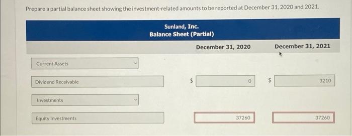 Prepare A Partial Balance Sheet Showing The Investment Related Amounts To Be Reported At December 31 2020 And 2021 Sun 1