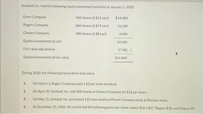 Prepare A Partial Balance Sheet Showing The Investment Related Amounts To Be Reported At December 31 2020 And 2021 Sun 2