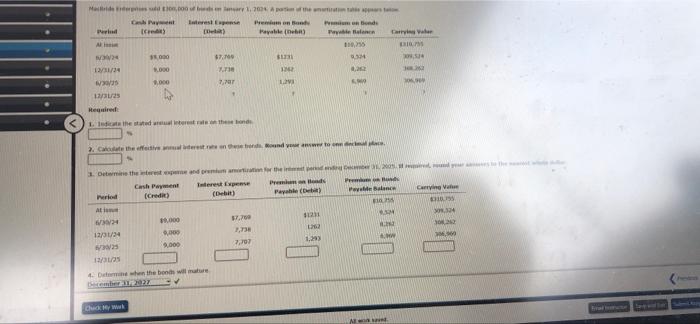 Maides D 300 000 Of Bids En Anary 1 2024 A Part Of The Premium On Bond Cash Payment Interest Expense Credit De Pay 1