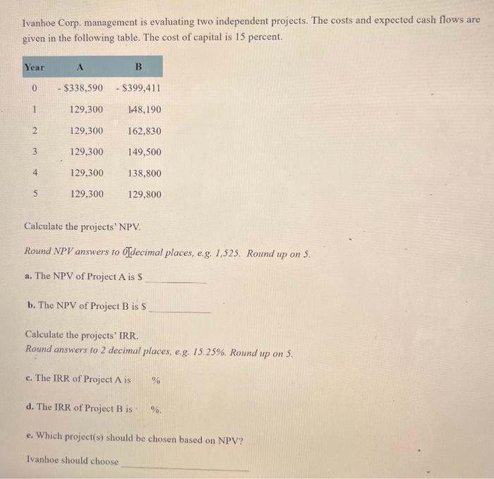 Ivanhoe Corp Management Is Evaluating Two Independent Projects The Costs And Expected Cash Flows Are Given In The Foll 1