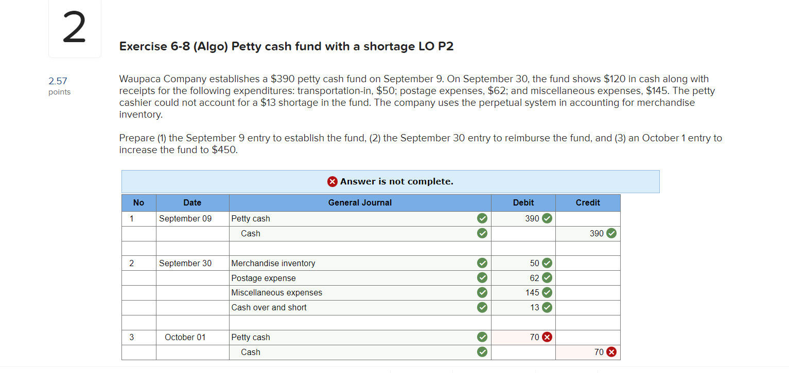 2 2 57 Points Exercise 6 8 Algo Petty Cash Fund With A Shortage Lo P2 Waupaca Company Establishes A 390 Petty Cash Fu 1