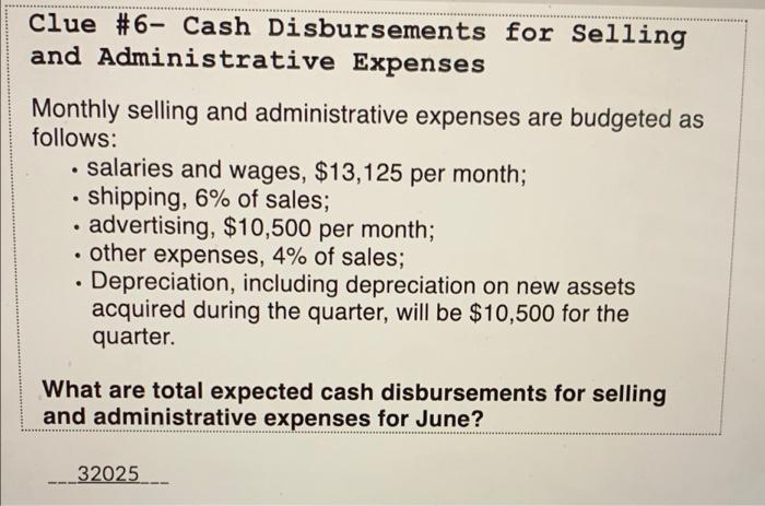 Clue 6 Cash Disbursements For Selling And Administrative Expenses Monthly Selling And Administrative Expenses Are Budg 1