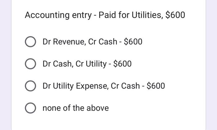Accounting Entry Paid For Utilities 600 O Dr Revenue Cr Cash 600 O Dr Cash Cr Utility 600 O Dr Utility Expen 1