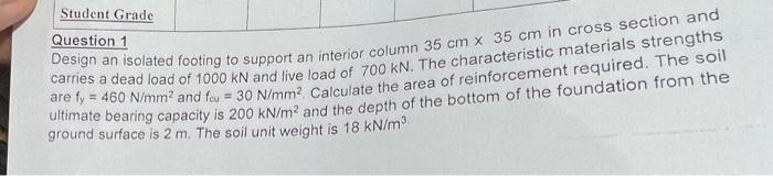 Student Grade Question 1 Design An Isolated Footing To Support An Interior Column 35 Cm X 35 Cm In Cross Section And Car 1