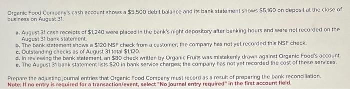 Organic Food Company S Cash Account Shows A 5 500 Debit Balance And Its Bank Statement Shows 5 160 On Deposit At The C 1