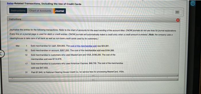 Sales Related Transactions Including The Use Of Credit Cards Instructions Chart Of Accounts Journal Instructions Journa 1