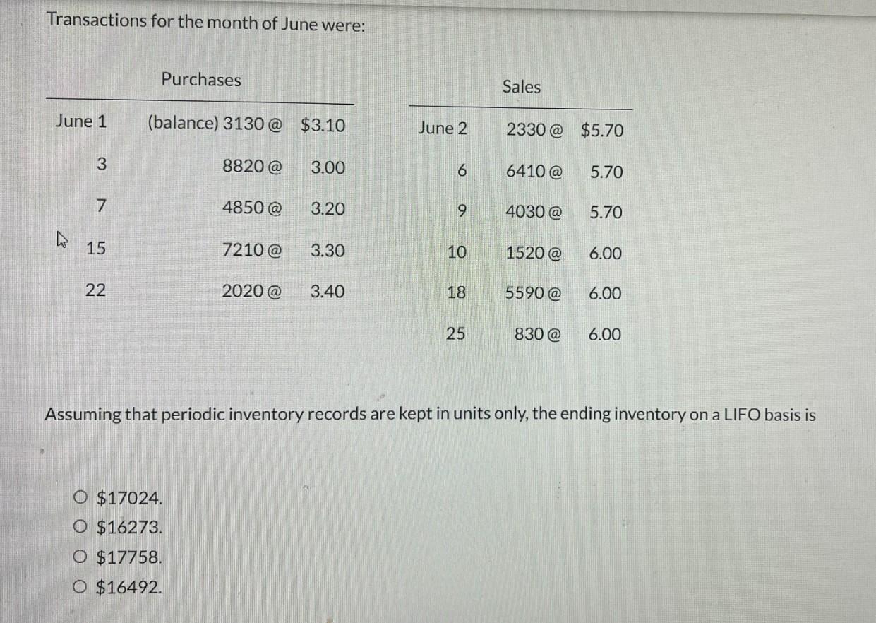 Transactions For The Month Of June Were June 1 K 3 7 15 22 Purchases Balance 3130 3 10 8820 O 17024 O 16273 O 1