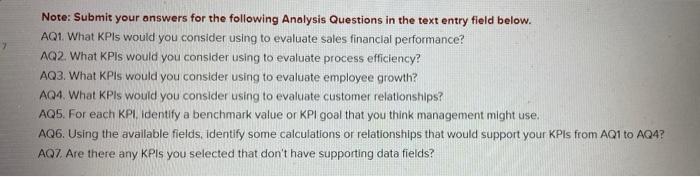 Note Submit Your Answers For The Following Analysis Questions In The Text Entry Field Below Aq1 What Kpis Would You C 1