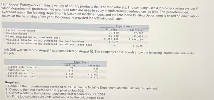 High Desert Potteryworks Makes A Variety Of Pottery Products That It Sells To Retailers The Company Uses A Job Order Co 1