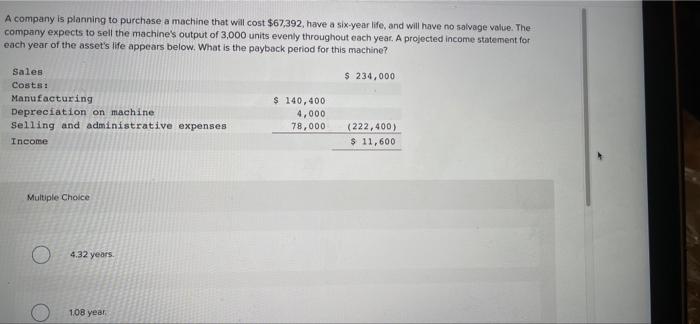 A Company Is Planning To Purchase A Machine That Will Cost 67 392 Have A Six Year Life And Will Have No Salvage Value 1