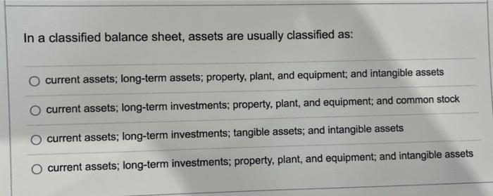 In A Classified Balance Sheet Assets Are Usually Classified As Current Assets Long Term Assets Property Plant And 1