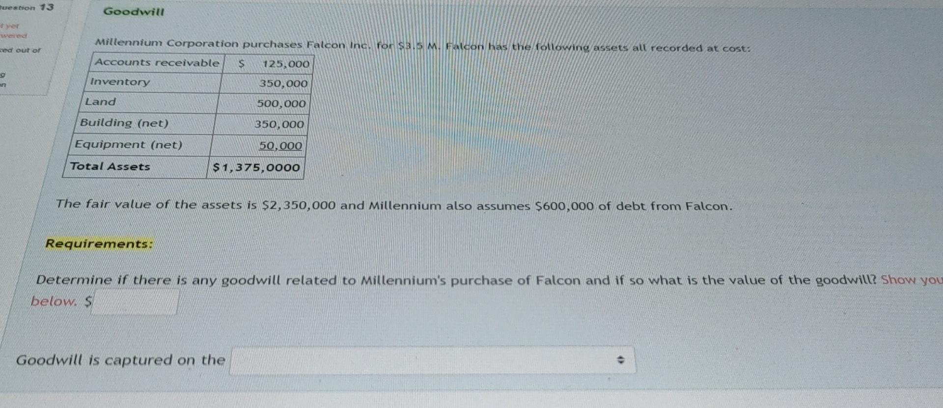 Question 13 Wered Ced Out Of 9 En Goodwill Millennium Corporation Purchases Falcon Inc For 3 5 M Falcon Has The Follo 1