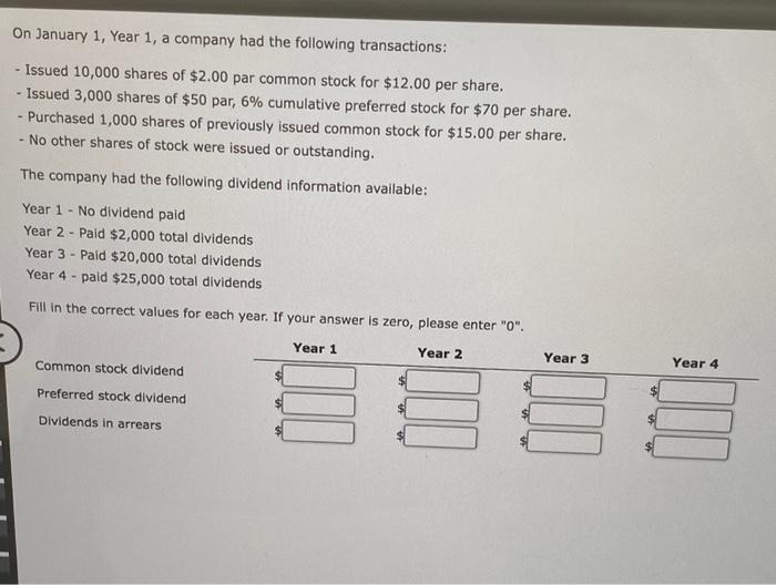 On January 1 Year 1 A Company Had The Following Transactions Issued 10 000 Shares Of 2 00 Par Common Stock For 12 1