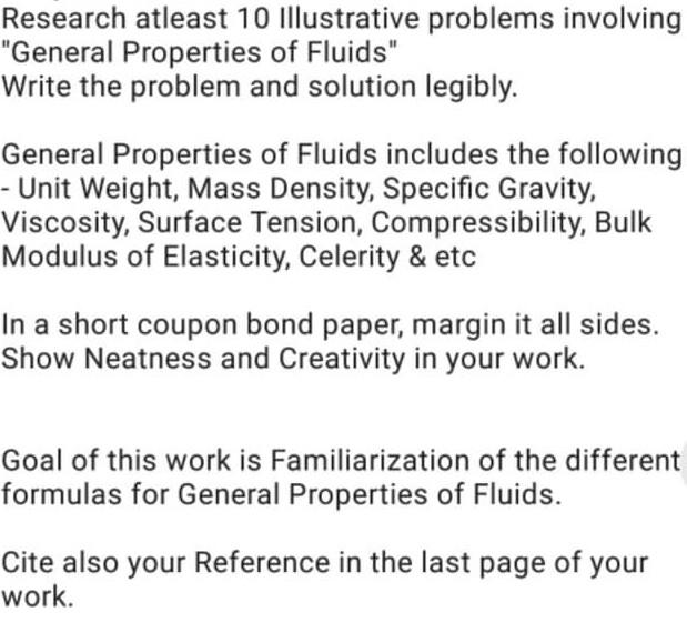Research Atleast 10 Illustrative Problems Involving General Properties Of Fluids Write The Problem And Solution Legibl 1