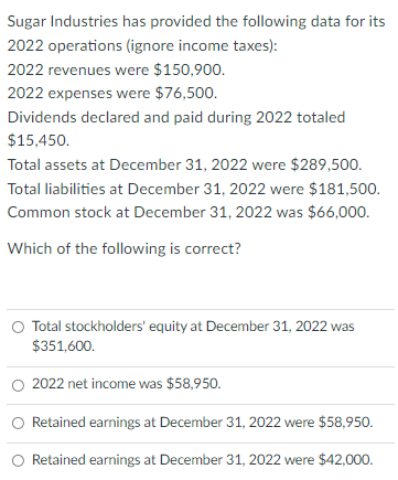 Sugar Industries Has Provided The Following Data For Its 2022 Operations Ignore Income Taxes 2022 Revenues Were 150 1