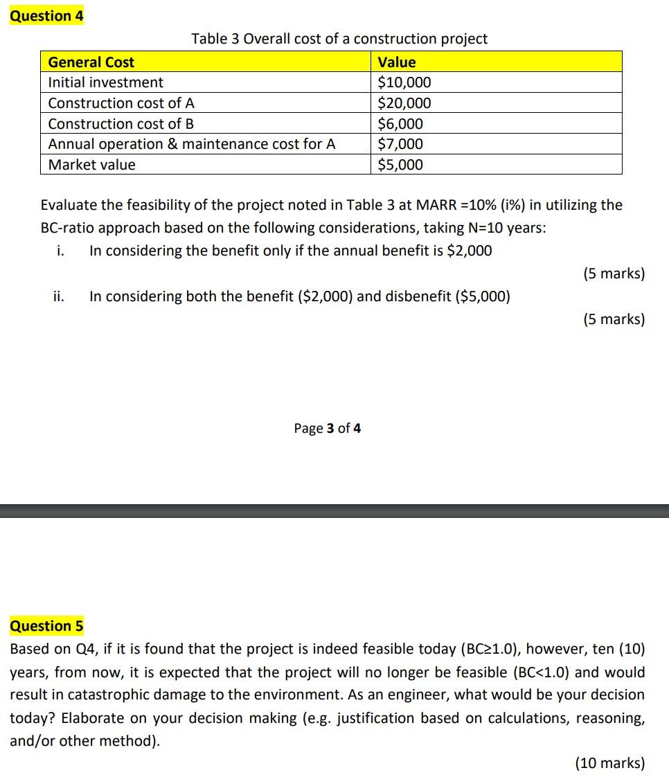 Question 4 Table 3 Overall Cost Of A Construction Project General Cost Value Initial Investment 10 000 Construction Cos 1