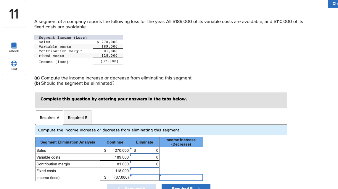 11 A Segment Of A Company Reports The Following Loss For The Year All 189 000 Of Its Variable Costs Are Avoidable And 1