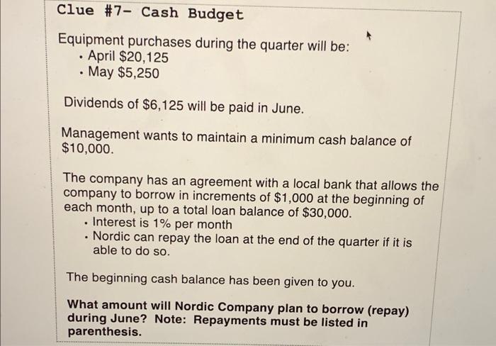 Clue 7 Cash Budget Equipment Purchases During The Quarter Will Be April 20 125 May 5 250 Dividends Of 6 125 Wi 1