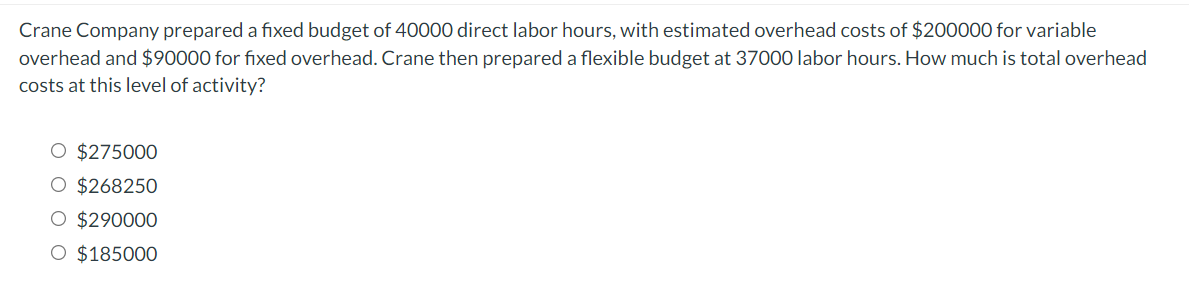 Crane Company Prepared A Fixed Budget Of 40000 Direct Labor Hours With Estimated Overhead Costs Of 200000 For Variable 1