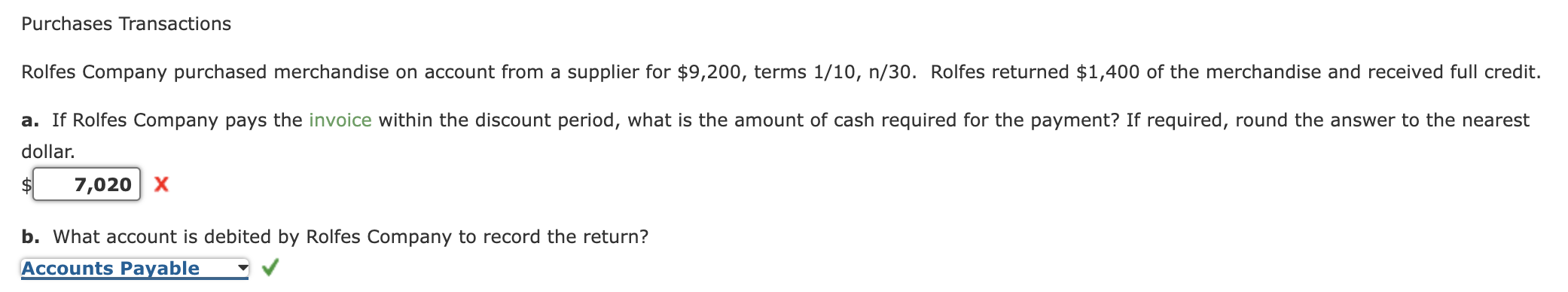 Purchases Transactions Rolfes Company Purchased Merchandise On Account From A Supplier For 9 200 Terms 1 10 N 30 Rol 1