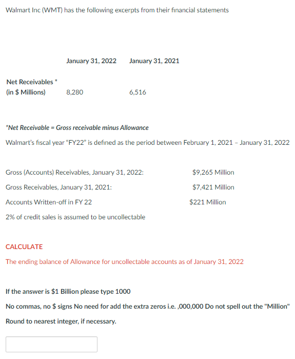 Walmart Inc Wmt Has The Following Excerpts From Their Financial Statements Net Receivables In Millions January 3 1
