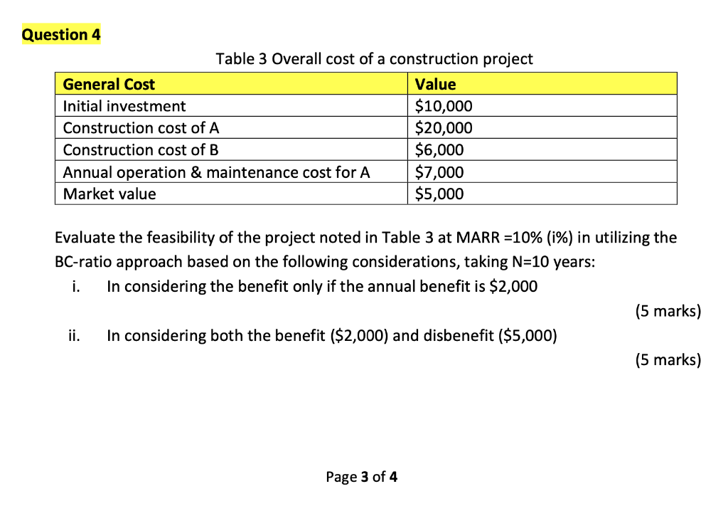 Question 4 Table 3 Overall Cost Of A Construction Project General Cost Value Initial Investment 10 000 Construction Cos 1