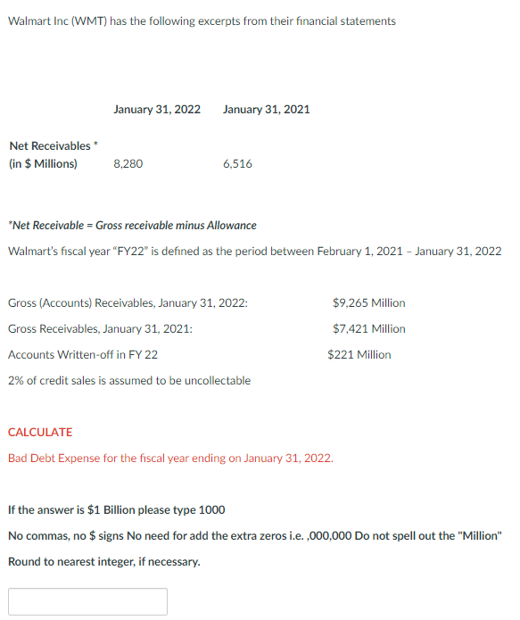 Walmart Inc Wmt Has The Following Excerpts From Their Financial Statements Net Receivables In Millions January 3 1