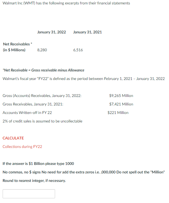Walmart Inc Wmt Has The Following Excerpts From Their Financial Statements Net Receivables In Millions January 3 1