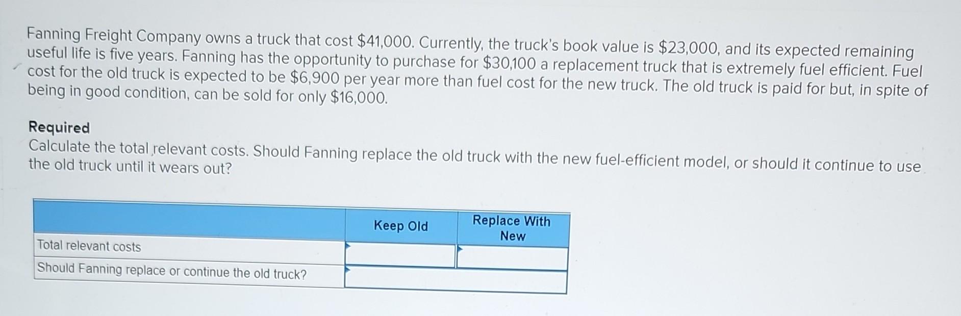 Fanning Freight Company Owns A Truck That Cost 41 000 Currently The Truck S Book Value Is 23 000 And Its Expected R 1