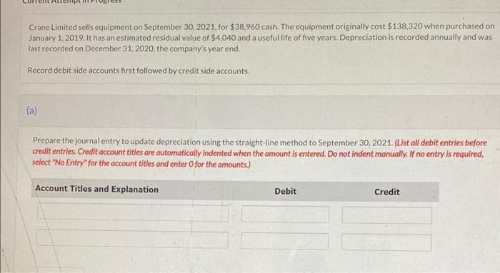 Crane Limited Sells Equipment On September 30 2021 For 38 960 Cash The Equipment Originally Cost 138 320 When Purch 1