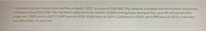 Cullumber Ltd Purchased A New Machine On April 4 2017 At A Cost Of 184 000 The Company Estimated That The Machine W 1