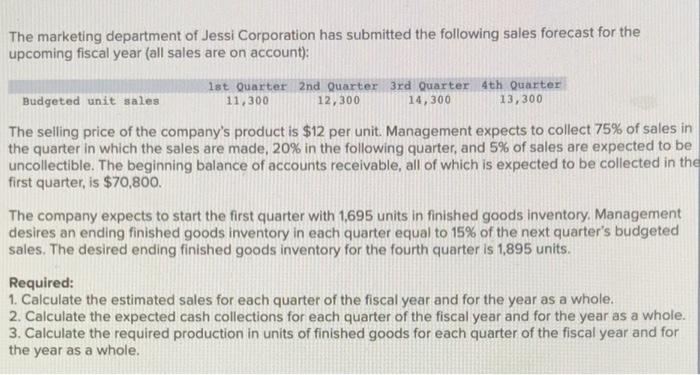 The Marketing Department Of Jessi Corporation Has Submitted The Following Sales Forecast For The Upcoming Fiscal Year A 1