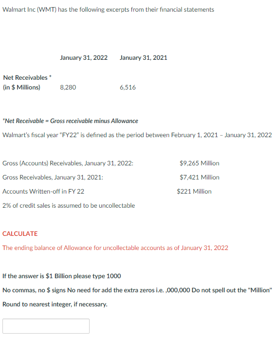 Walmart Inc Wmt Has The Following Excerpts From Their Financial Statements Net Receivables In Millions January 3 1