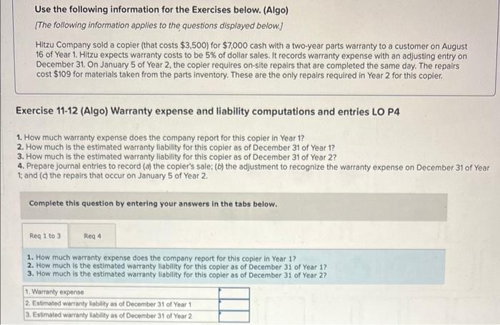 Use The Following Information For The Exercises Below Algo The Following Information Applies To The Questions Displa 1